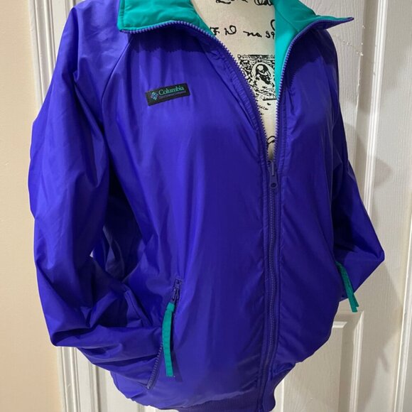 ICONIC 80’s RETRO BOMBER JACKET COLUMBIA REVERSIBLE DISCO PURPLE/TEAL Sz S - Picture 11 of 16